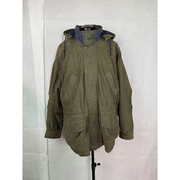 Marc New York Suede Leather Jacket Mens X-Large Long Zip Hood Up Coat Lining Vtg